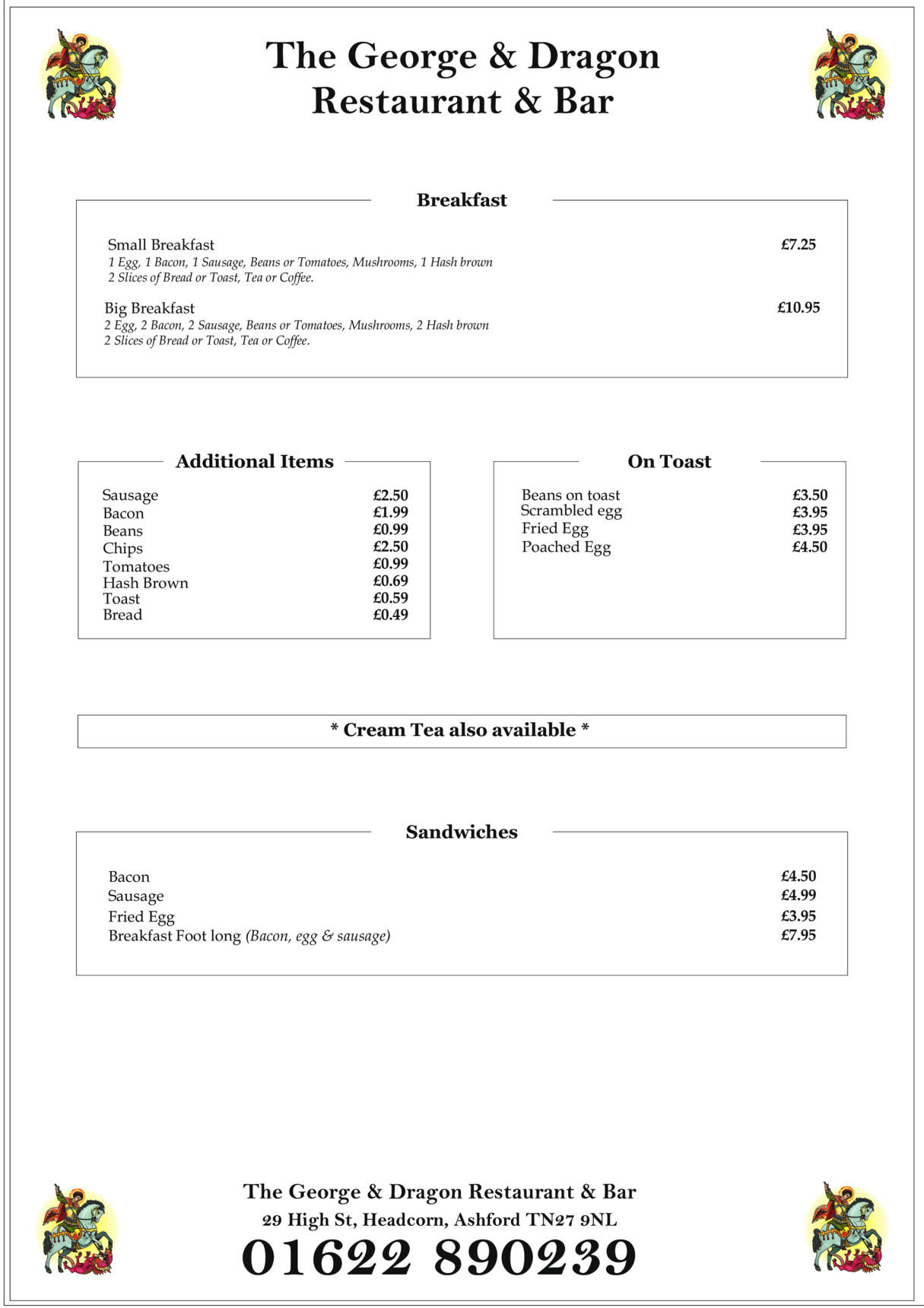 George and Dragon Breakfast Menu