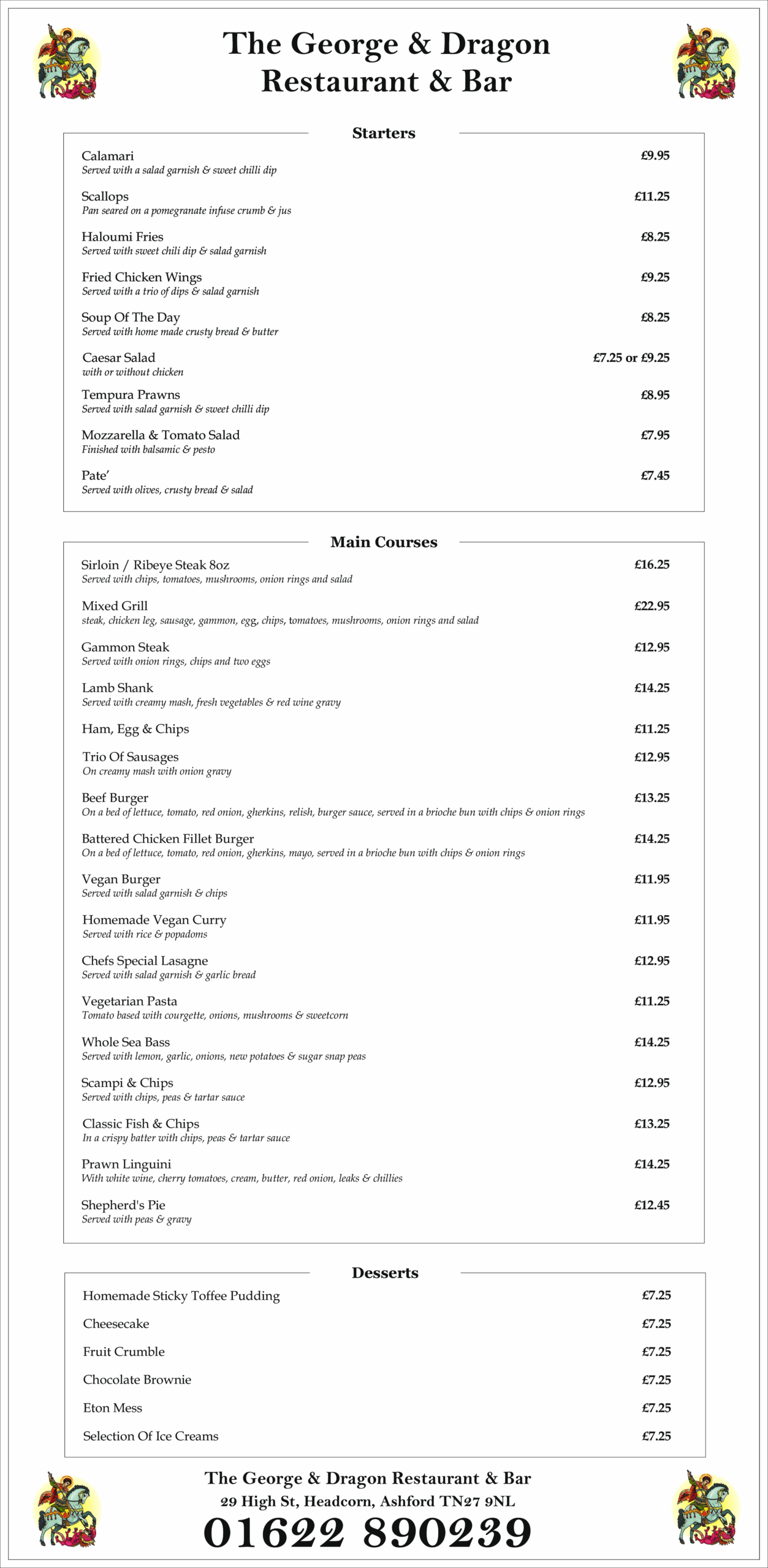 George and Dragon Menu